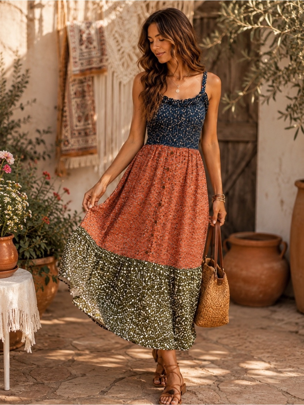 B.O.G. Collective Boho Floral Patchwork Smocked Midi Dress Cottagecore S